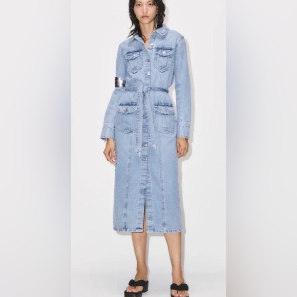 Zara Light Blue Belted Denim Midi Dress Size M brand new - Picture 2 of 16